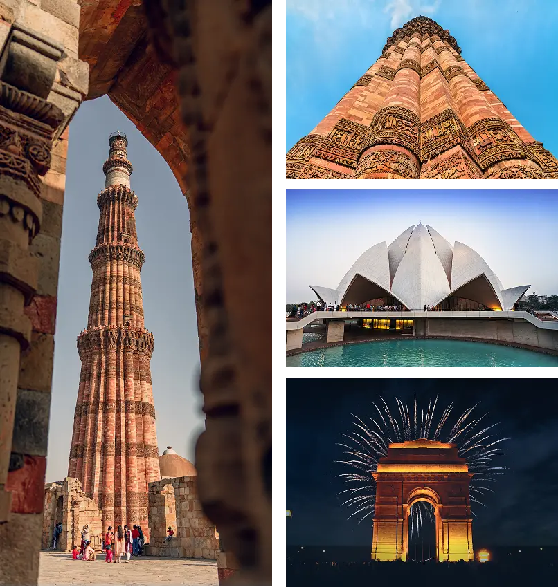 Delhi city tour (Qutub Minar, Lotus Temple, Akshardham, India Gate), overnight in Delhi, B/L/D